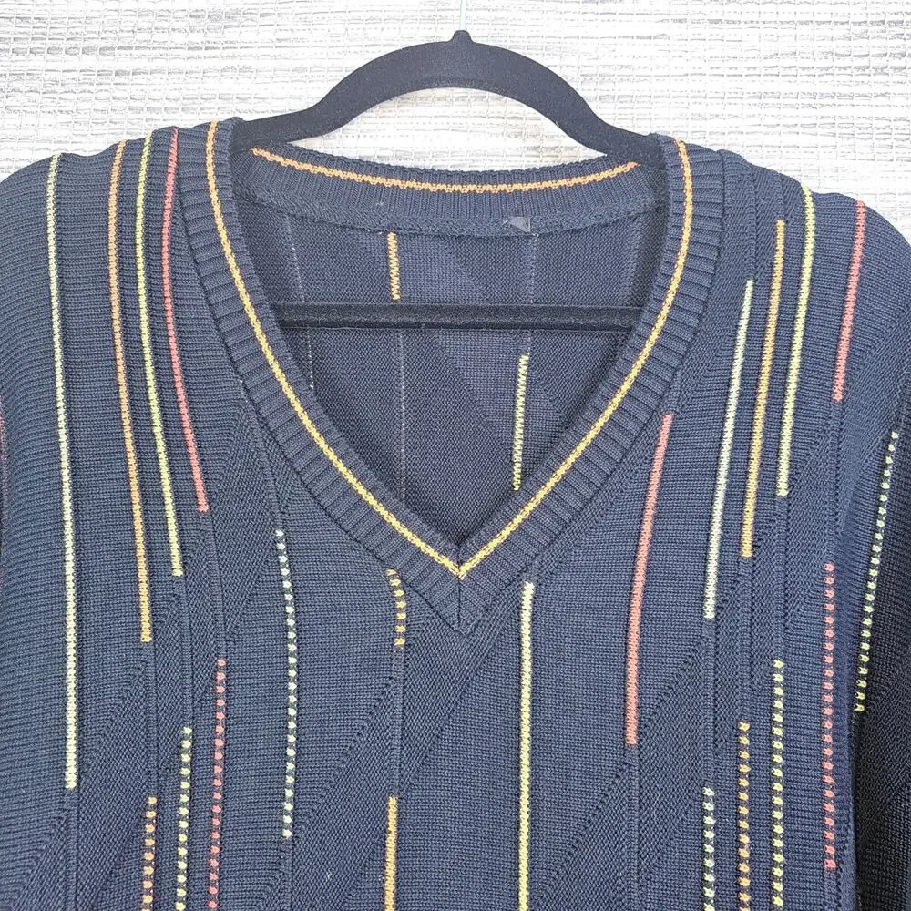 Sweater Mens Large Black Orange Yellow 3D Knit Long Sleeve Pullover Cosby VNeck